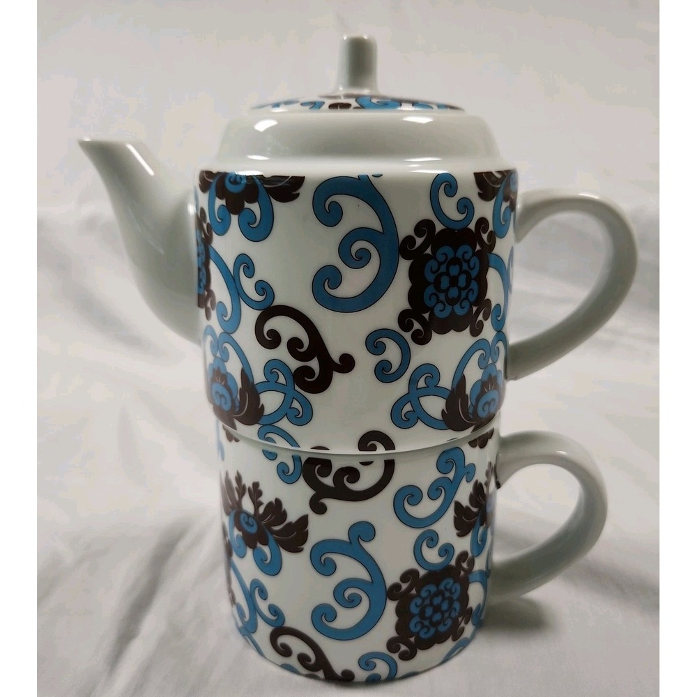 Second Cup Tea Pot & Cup For One  Turquoise ornate paisley-style scroll pattern.